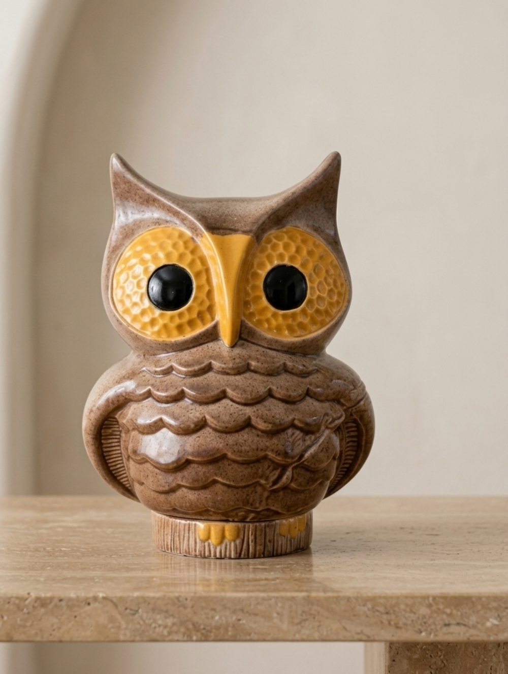 Vintage MCM Ceramic Owl Figurine Two Piece Nesting Speckled Earthy 9.5" Signed